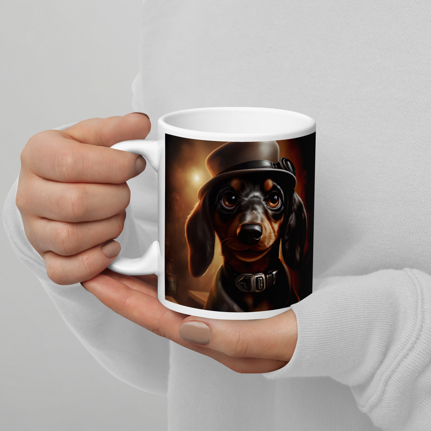 Dachshund Detective White glossy mug