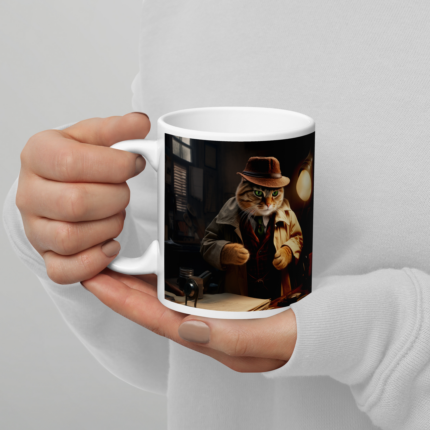 Domestic Shorthair Detective White glossy mug