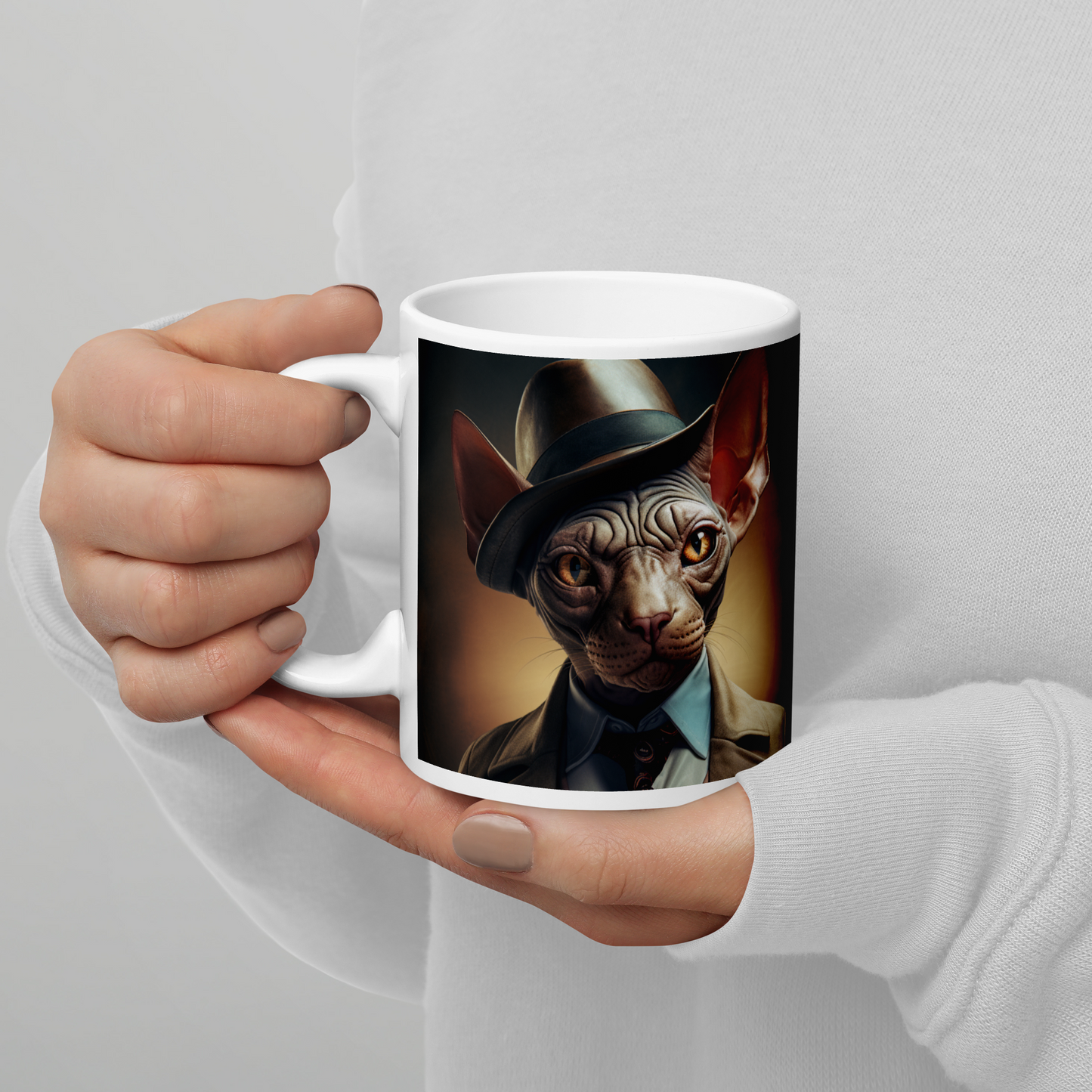 Sphynx Detective White glossy mug