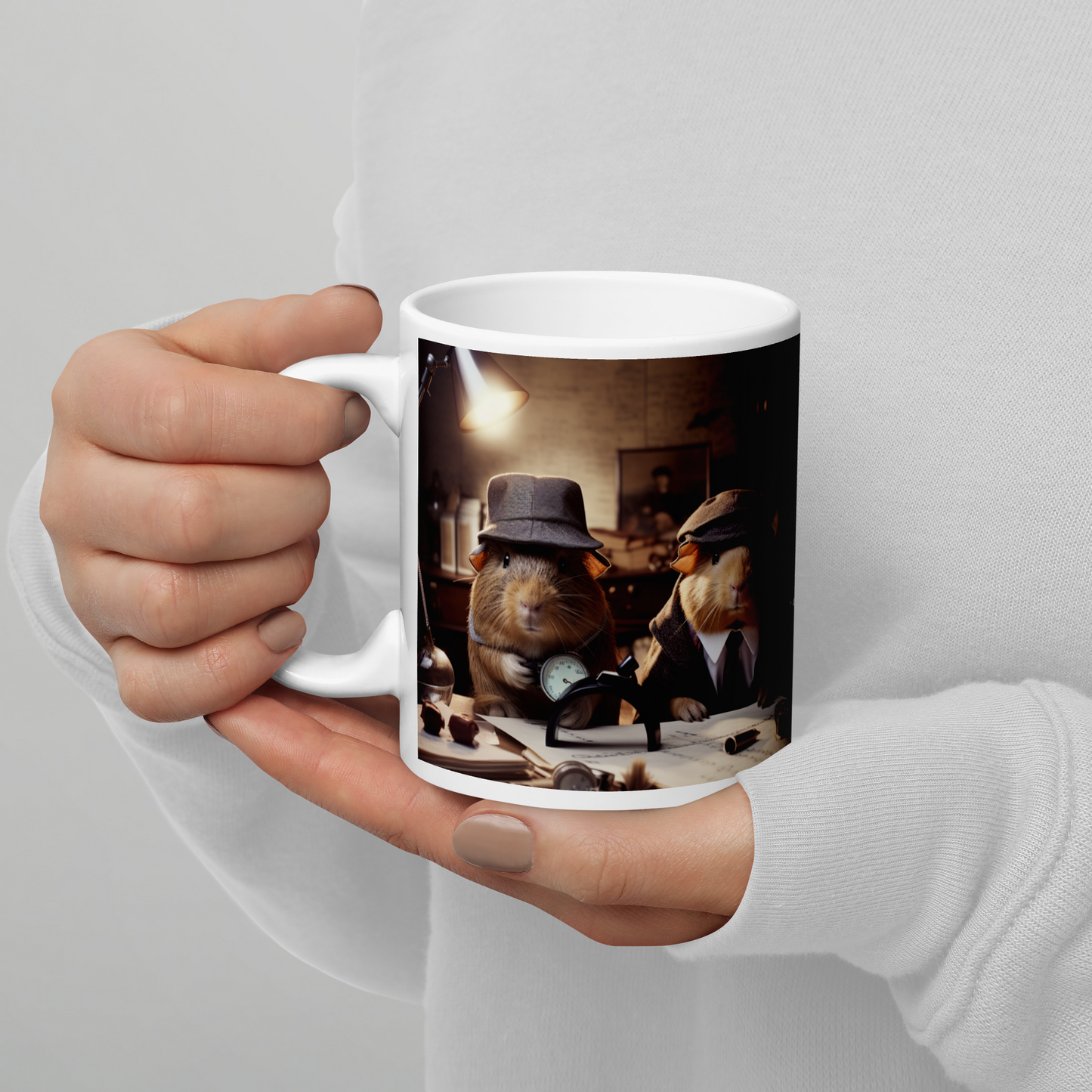 Guinea Pigs Detective White glossy mug