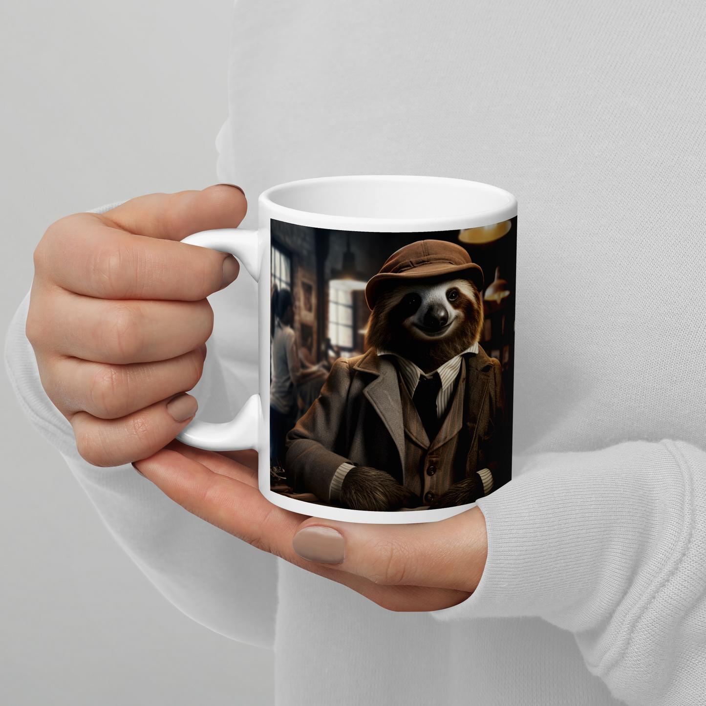 Sloth Detective White glossy mug