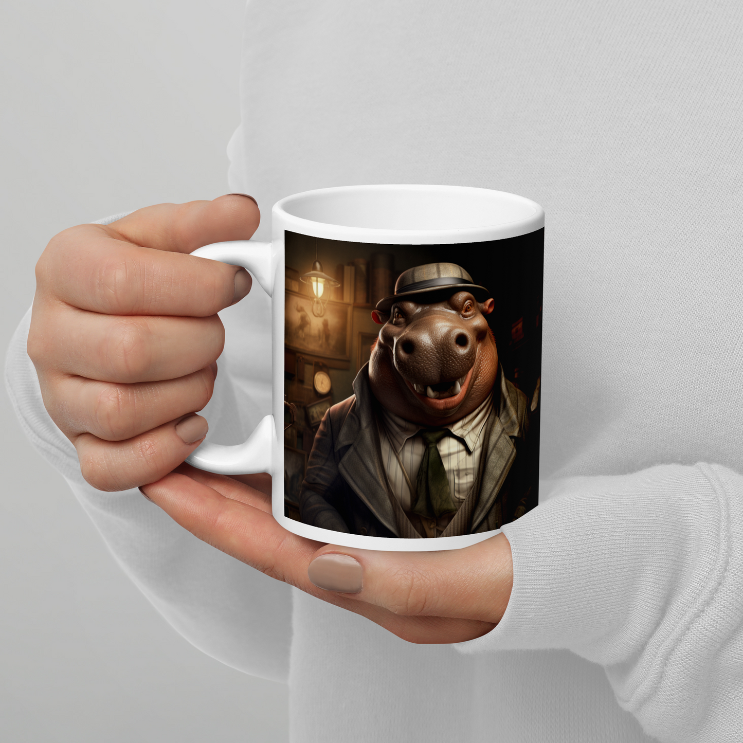 Hippo Detective White glossy mug