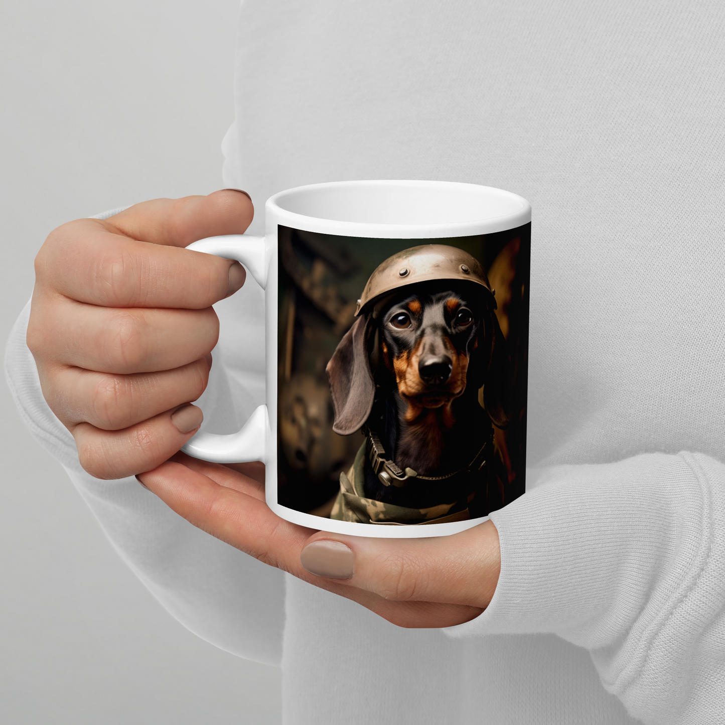 Dachshund Military Person White glossy mug