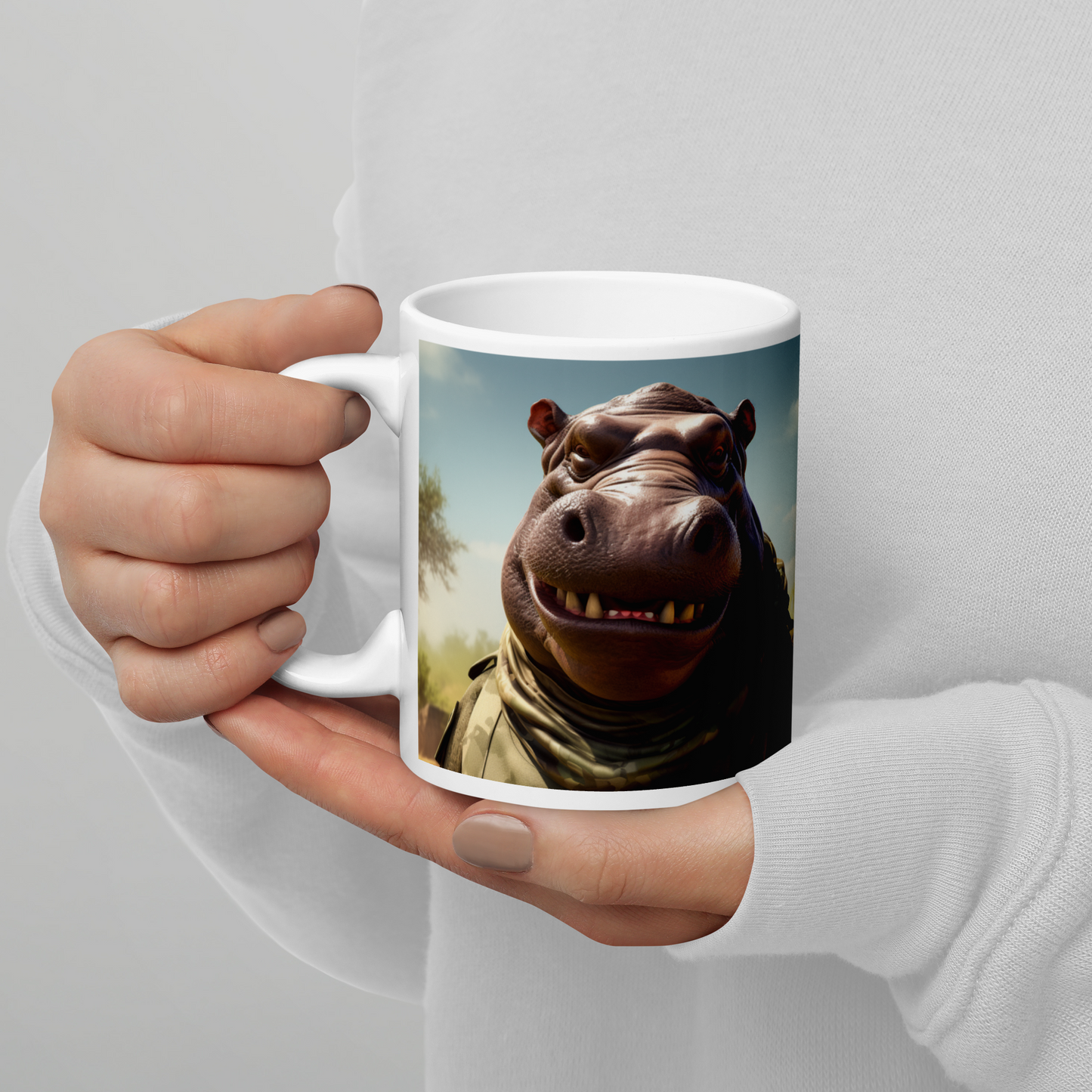 Hippo Military Person White glossy mug