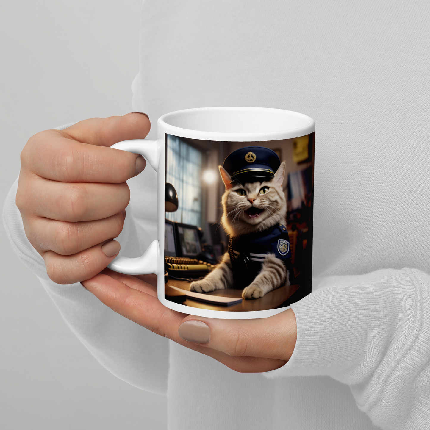 Domestic Shorthair Police Officer White glossy mug