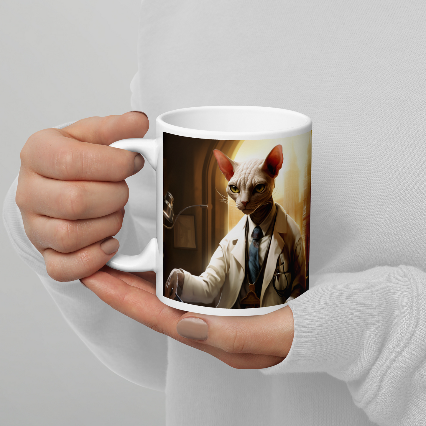 Sphynx Doctor White glossy mug