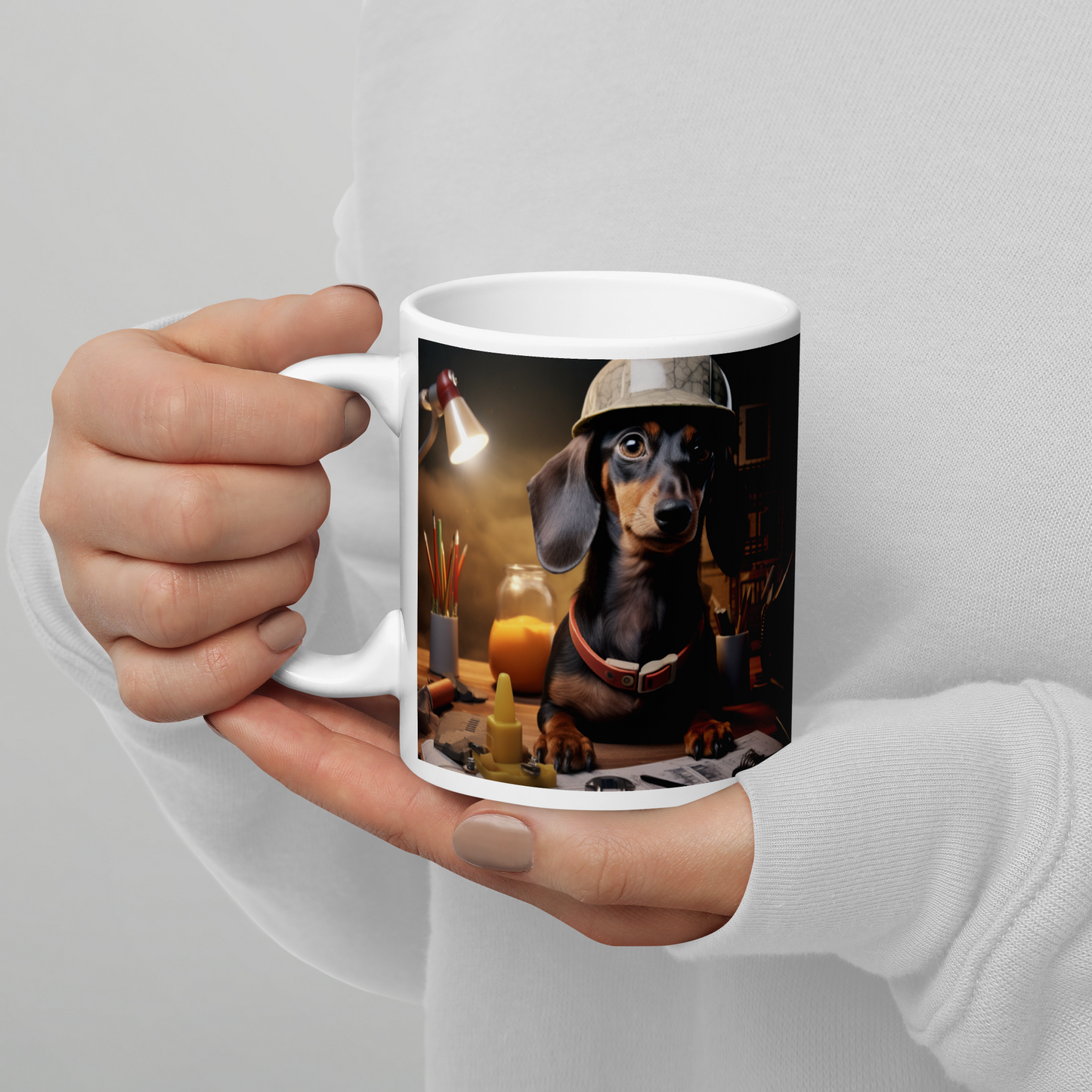 Dachshund Engineer White glossy mug