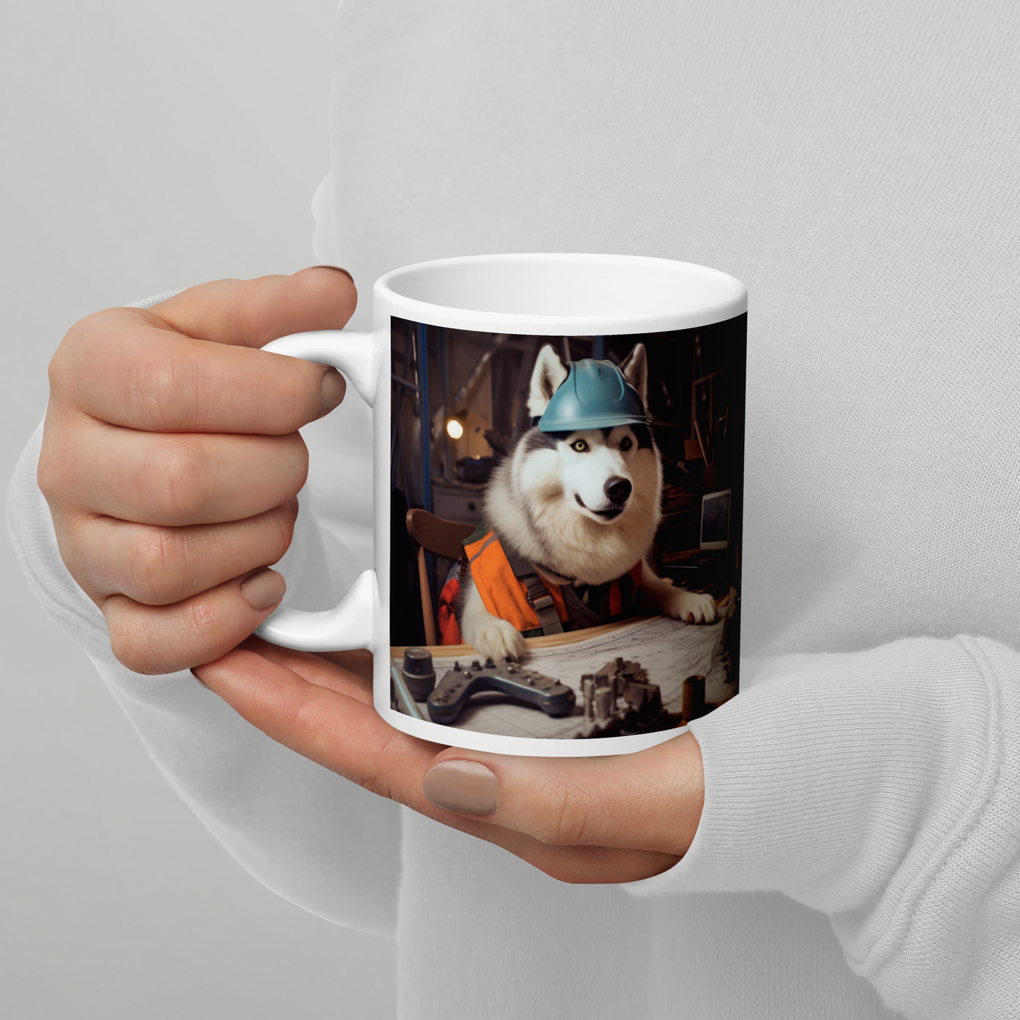 Siberian Husky Engineer White glossy mug