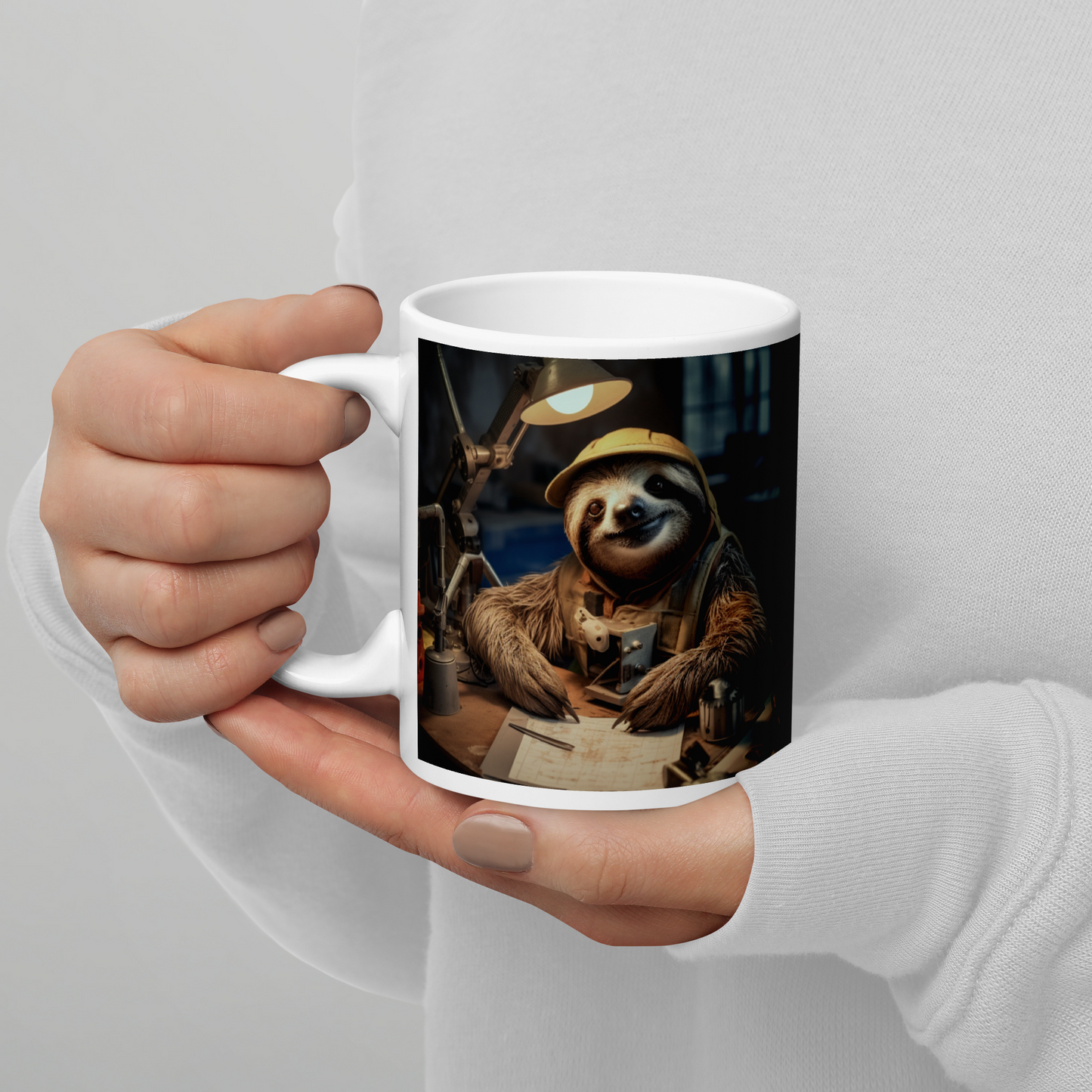 Sloth Engineer White glossy mug