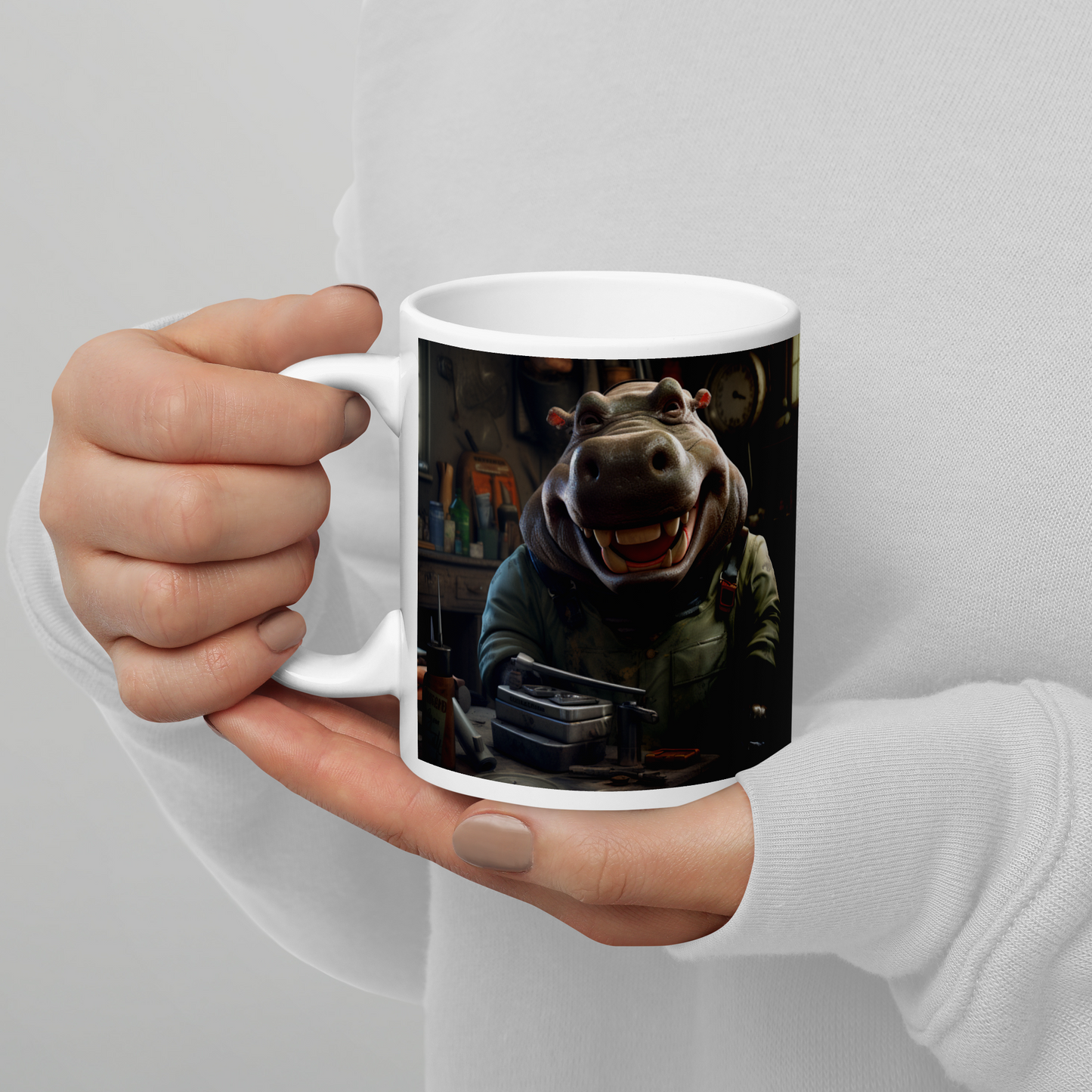 Hippo Engineer White glossy mug