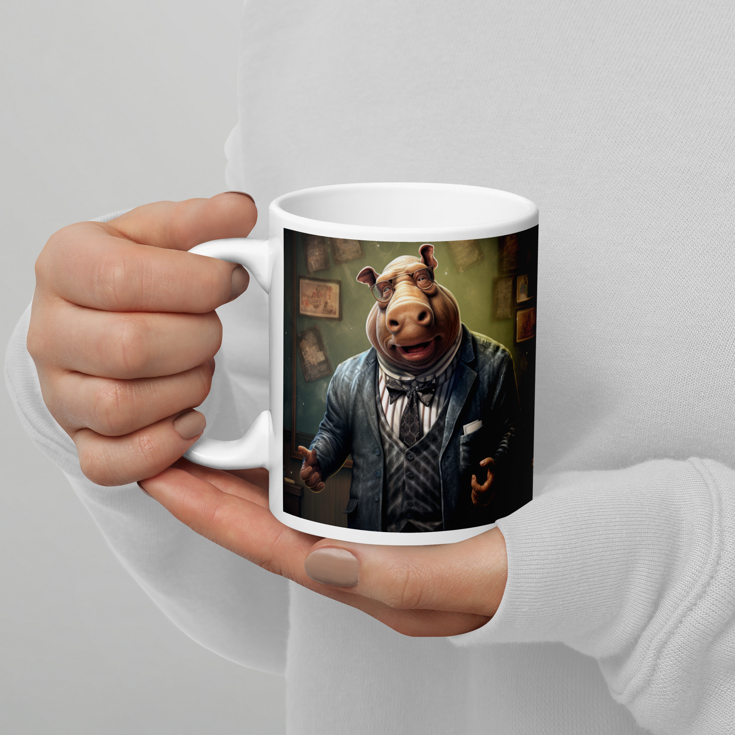 Hippo Teacher White glossy mug