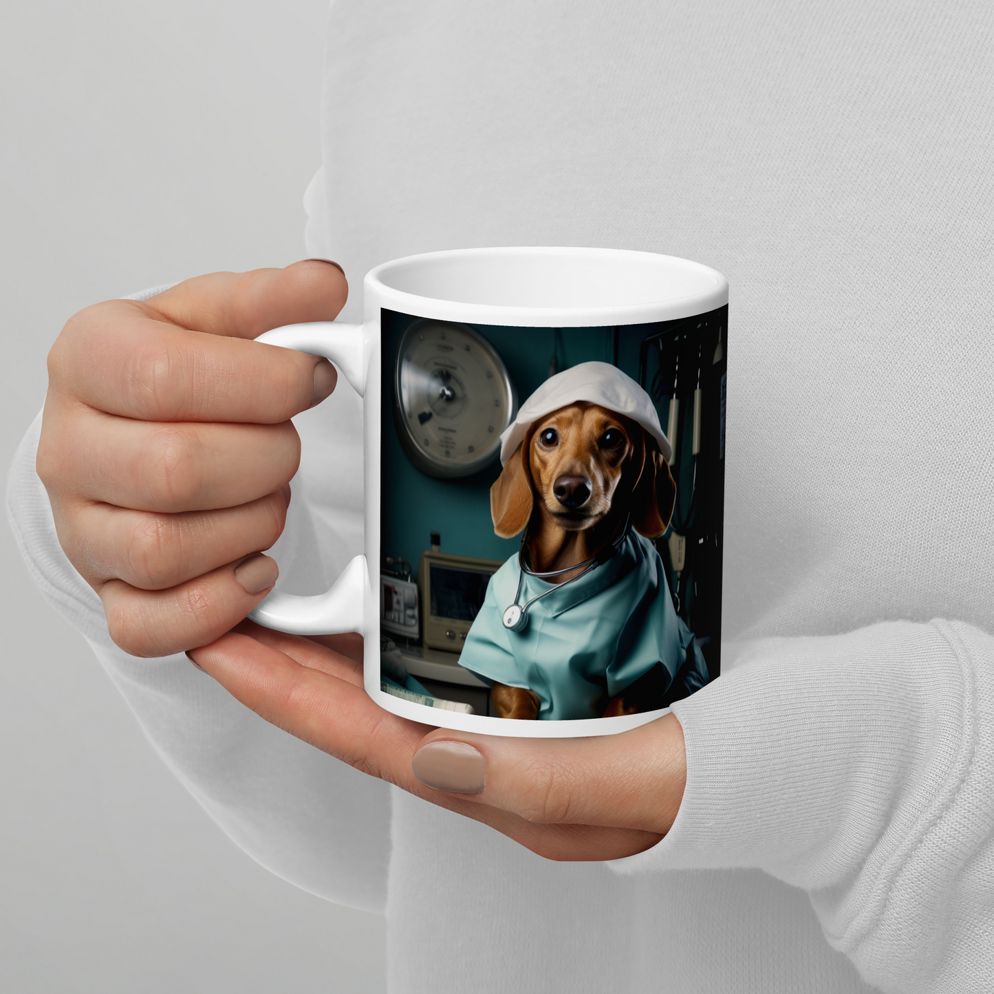 Dachshund Nurse White glossy mug