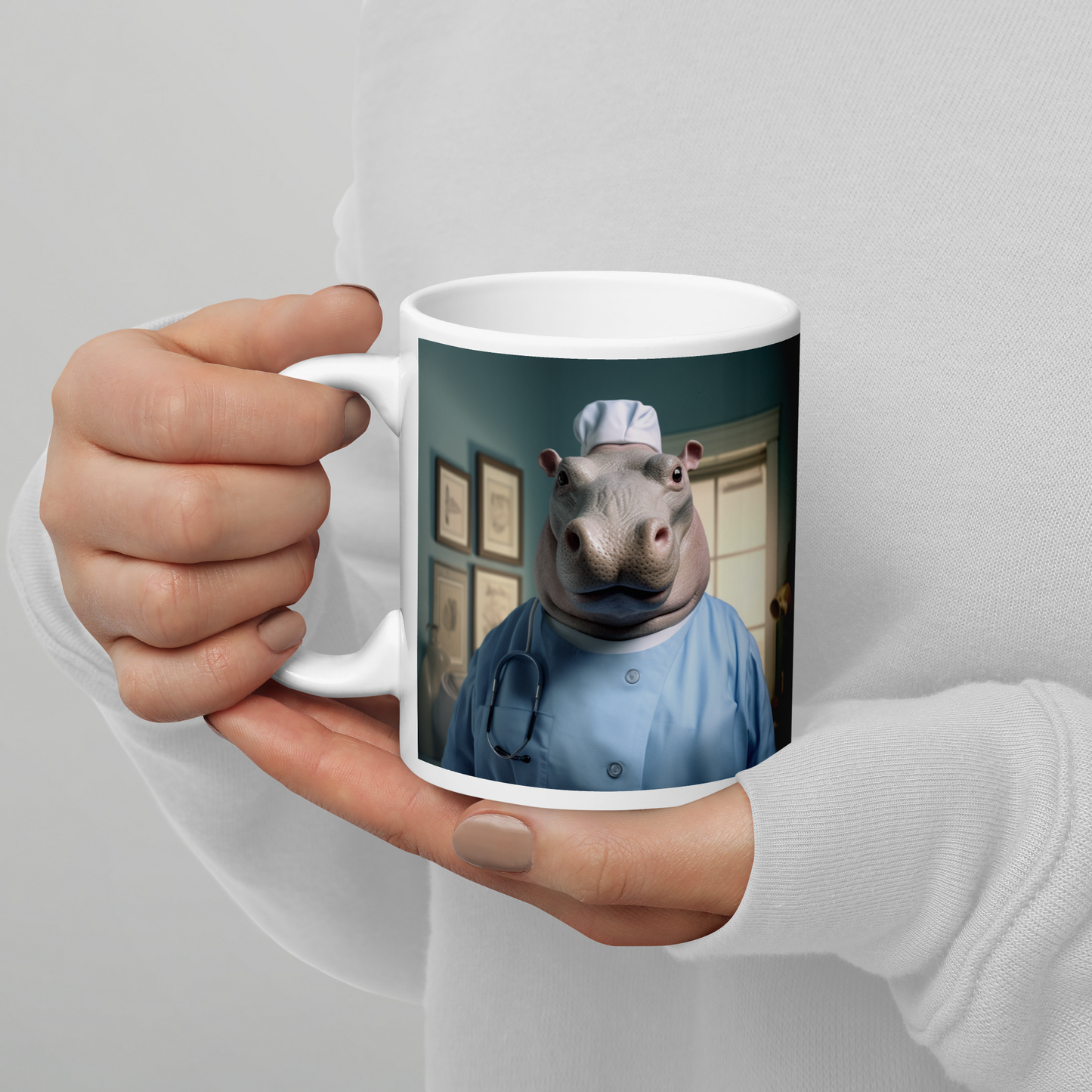 Hippo Nurse White glossy mug