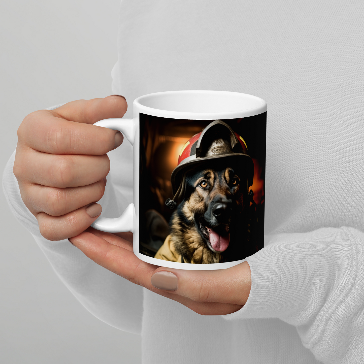 German Shepherd Firefighter White glossy mug