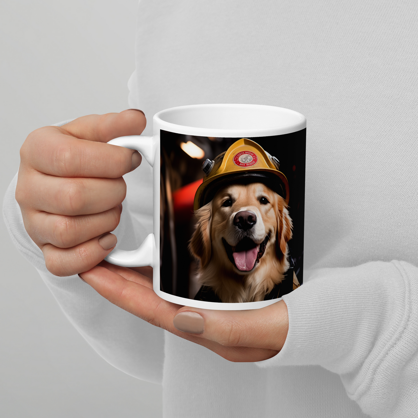 Golden Retriever Firefighter White glossy mug