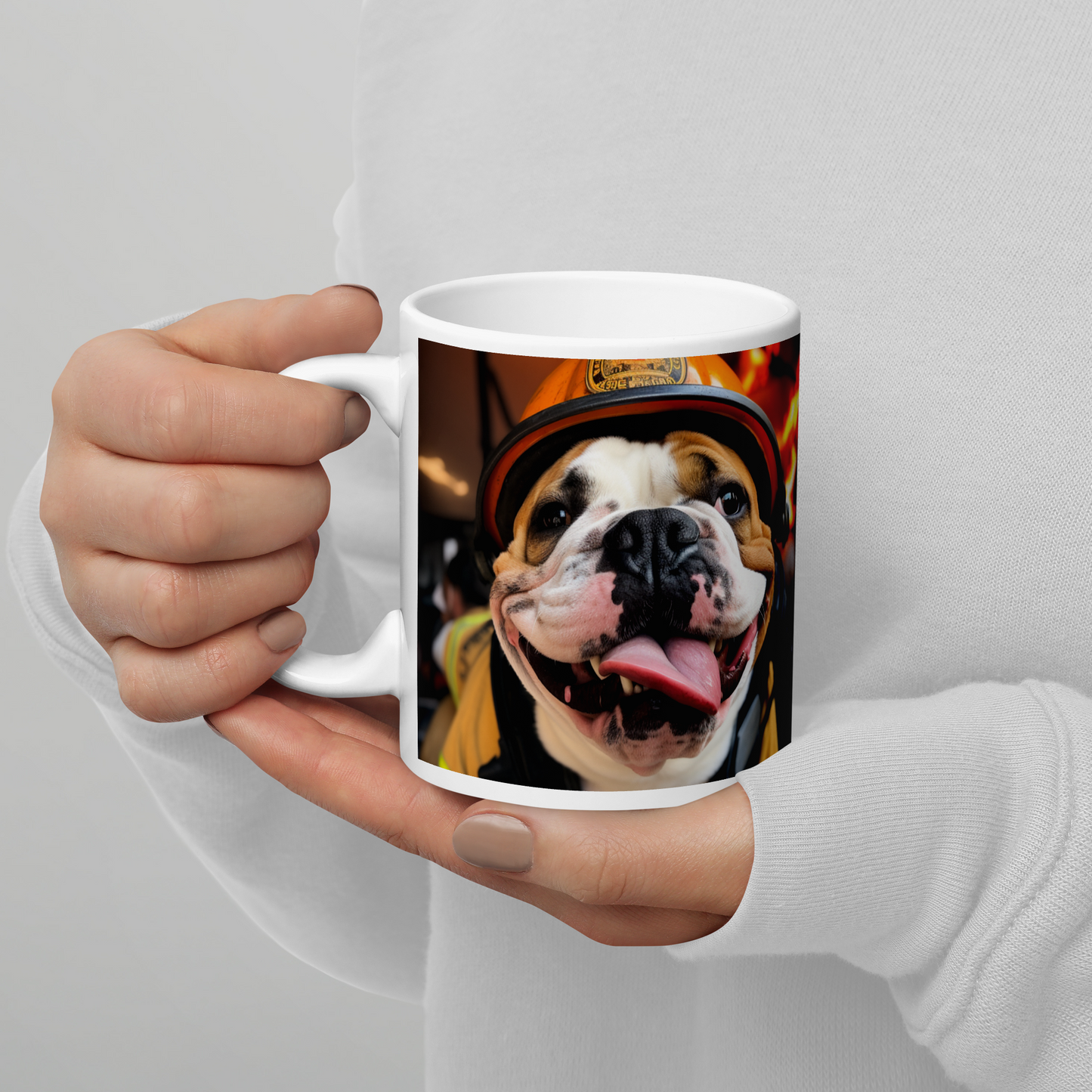 Bulldog Firefighter White glossy mug