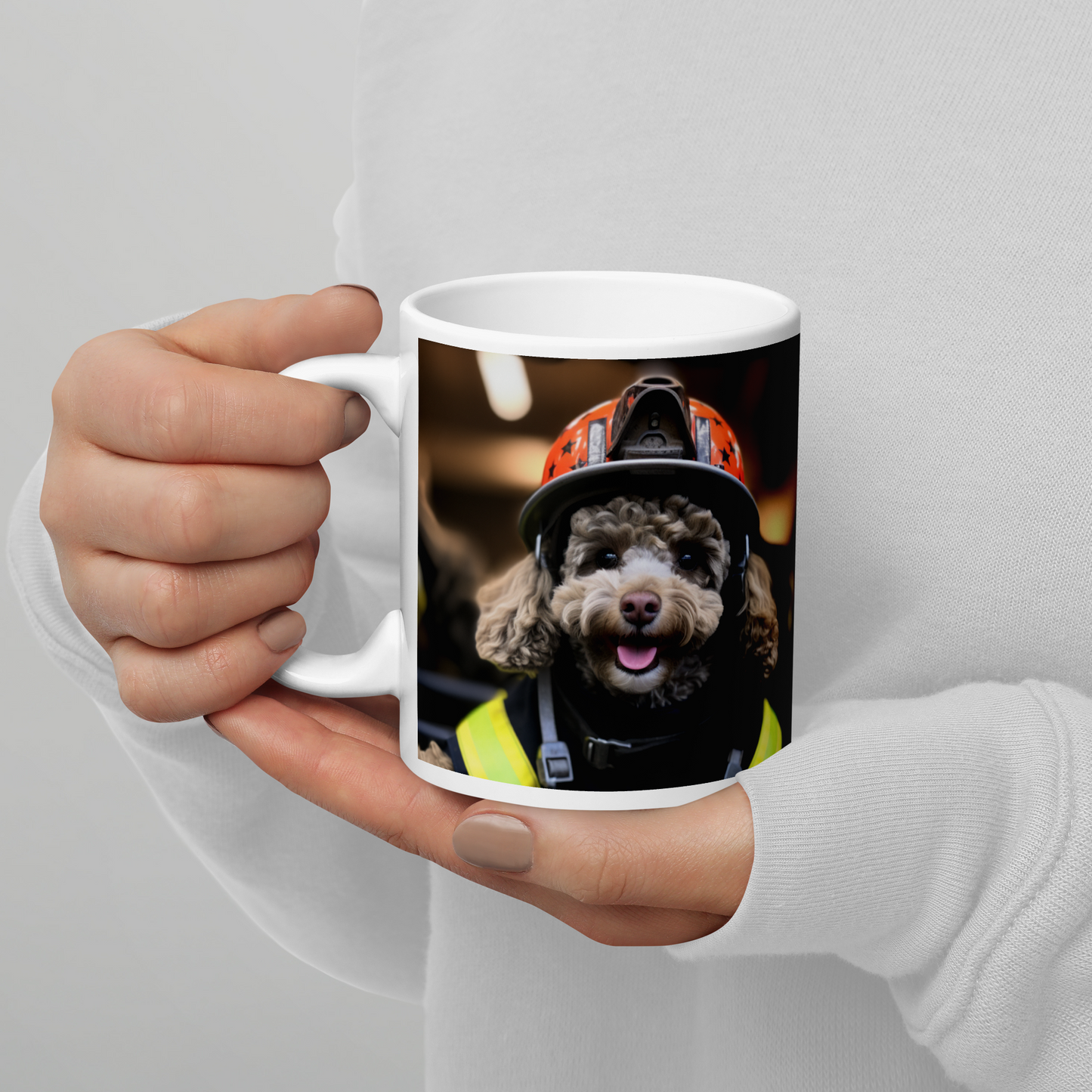 Poodle Firefighter White glossy mug