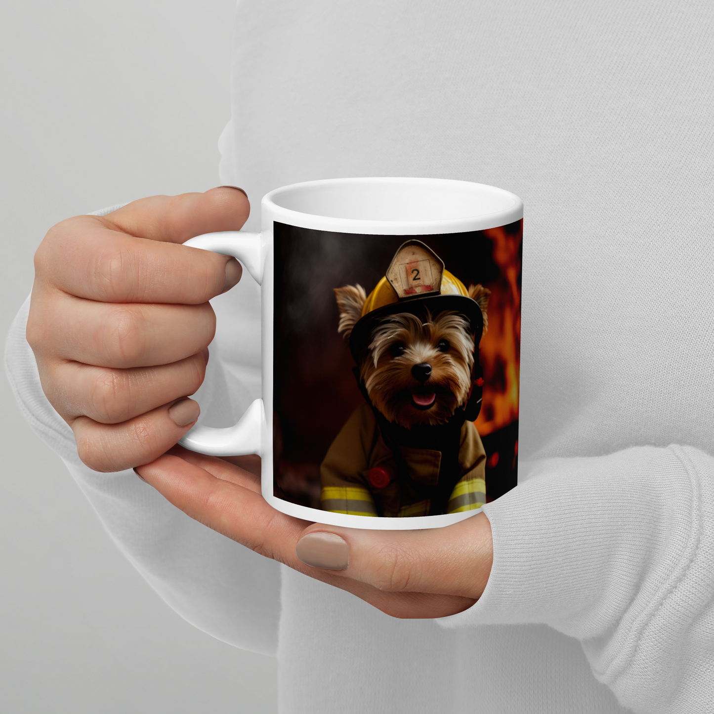 Yorkshire Terrier Firefighter White glossy mug