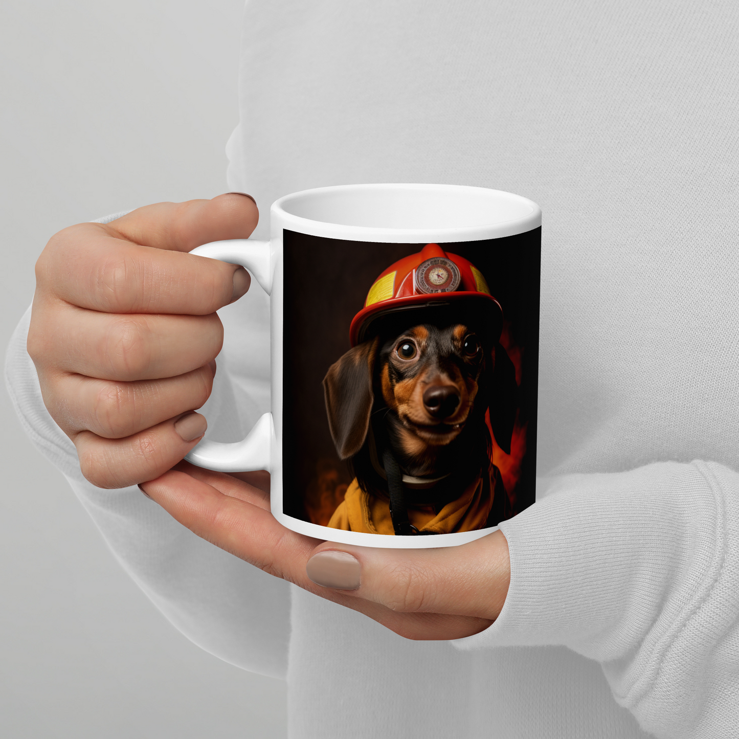 Dachshund Firefighter White glossy mug