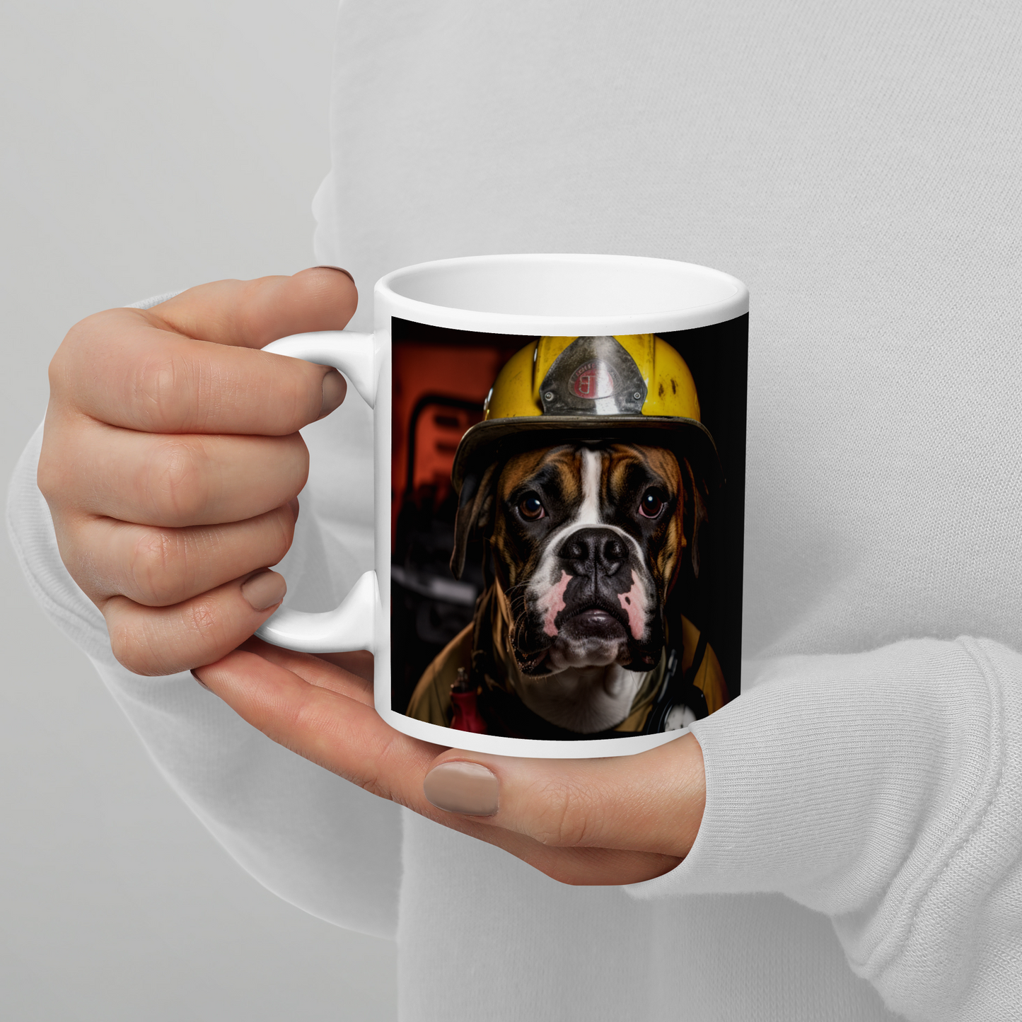 Boxer Firefighter White glossy mug