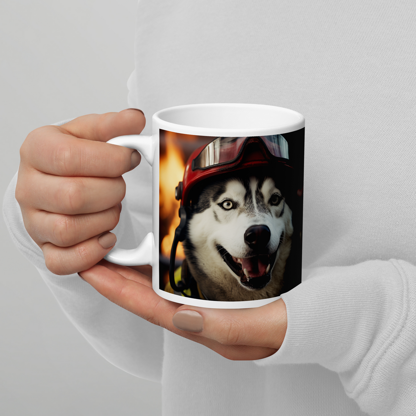 Siberian Husky Firefighter White glossy mug