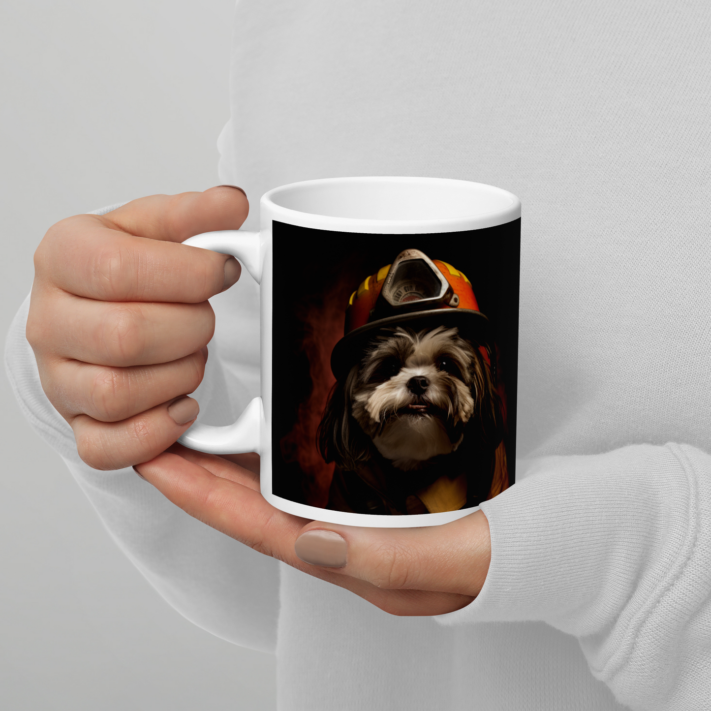 Shih Tzu Firefighter White glossy mug