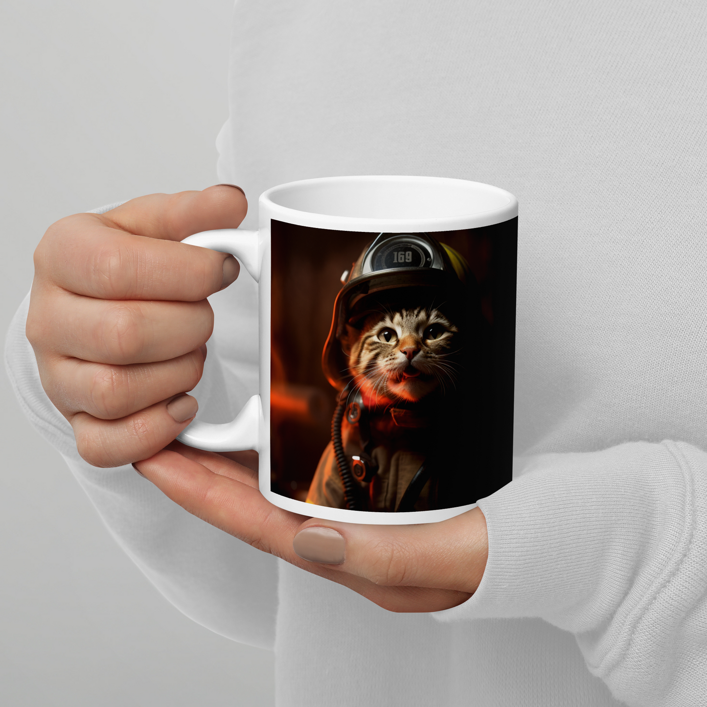 Domestic Shorthair Firefighter White glossy mug