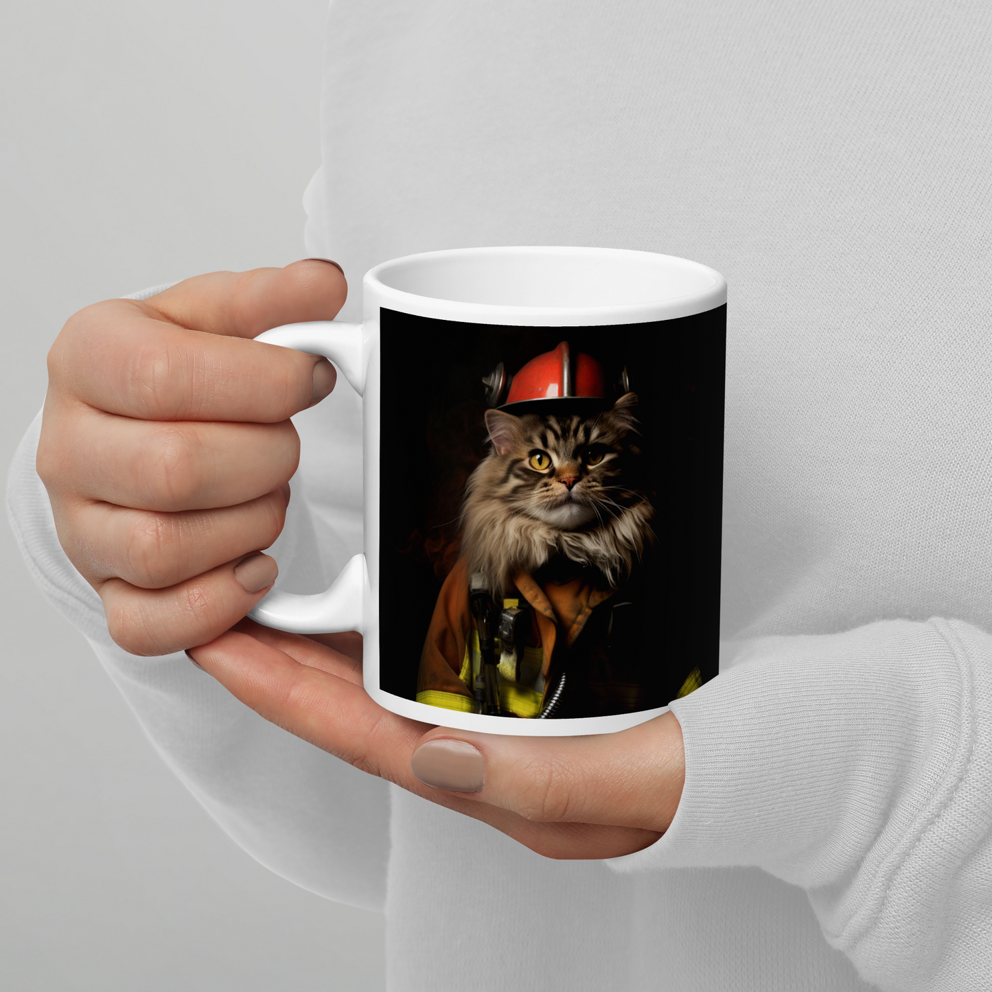 Maine Coon Firefighter White glossy mug