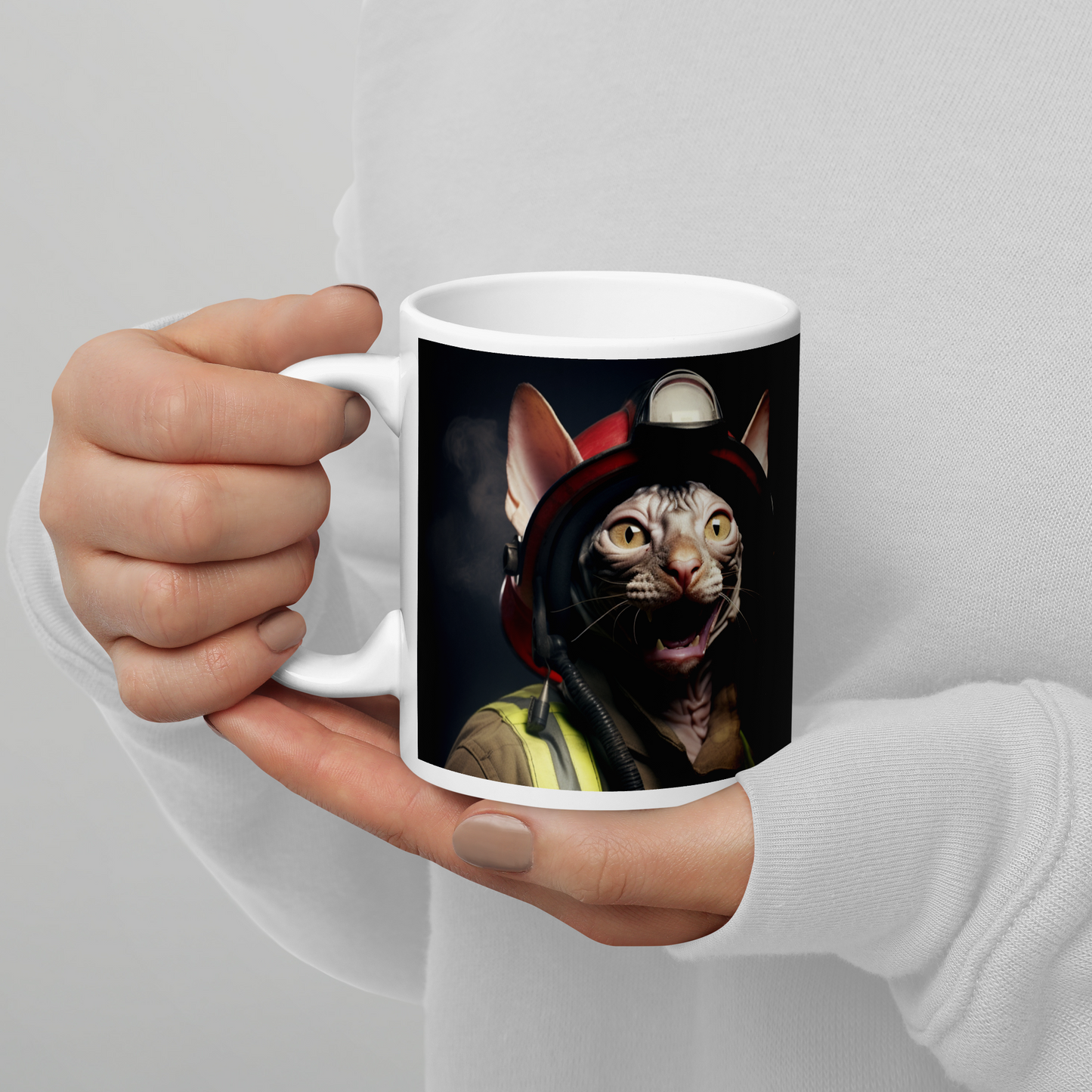 Sphynx Firefighter White glossy mug