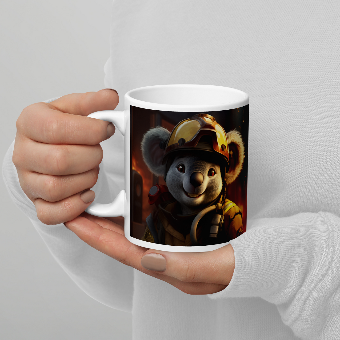 Koala Firefighter White glossy mug