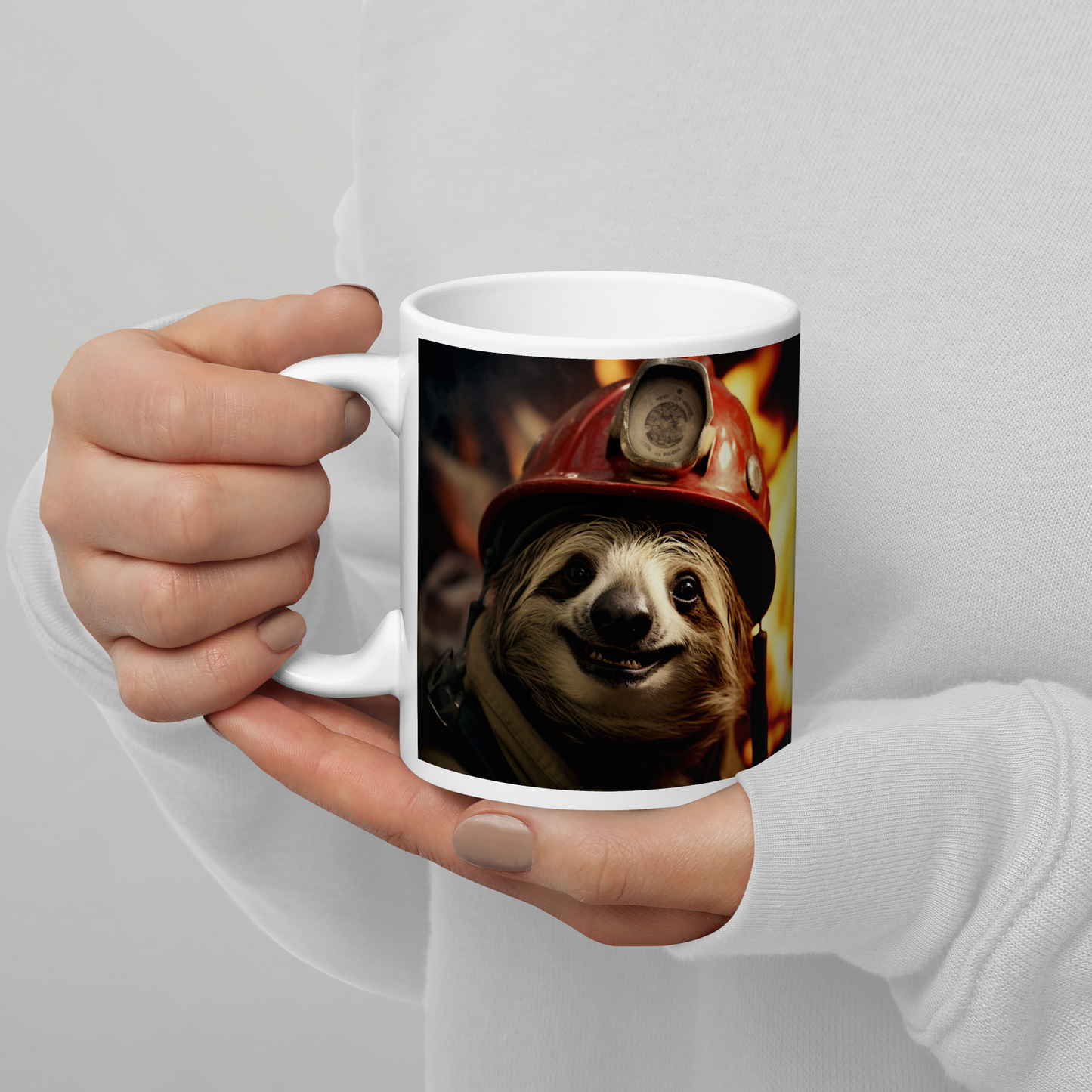 Sloth Firefighter White glossy mug