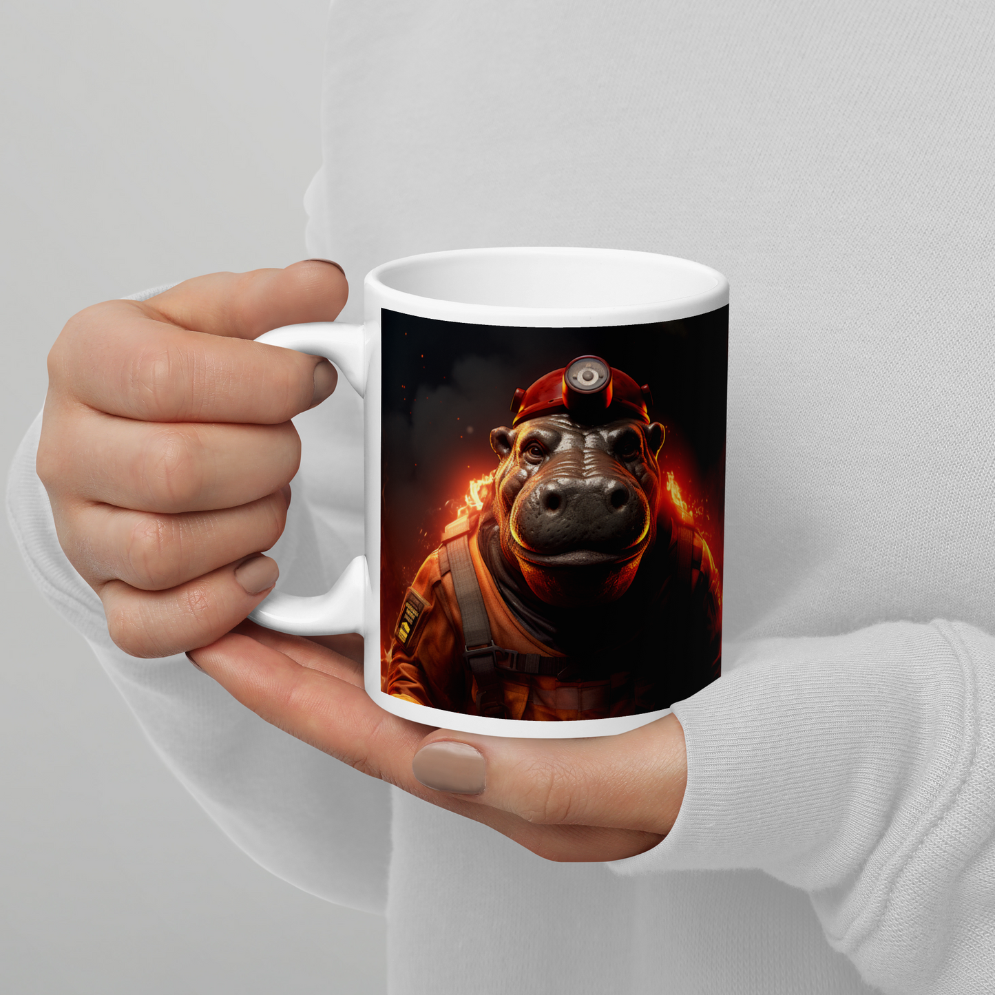 Hippo Firefighter White glossy mug