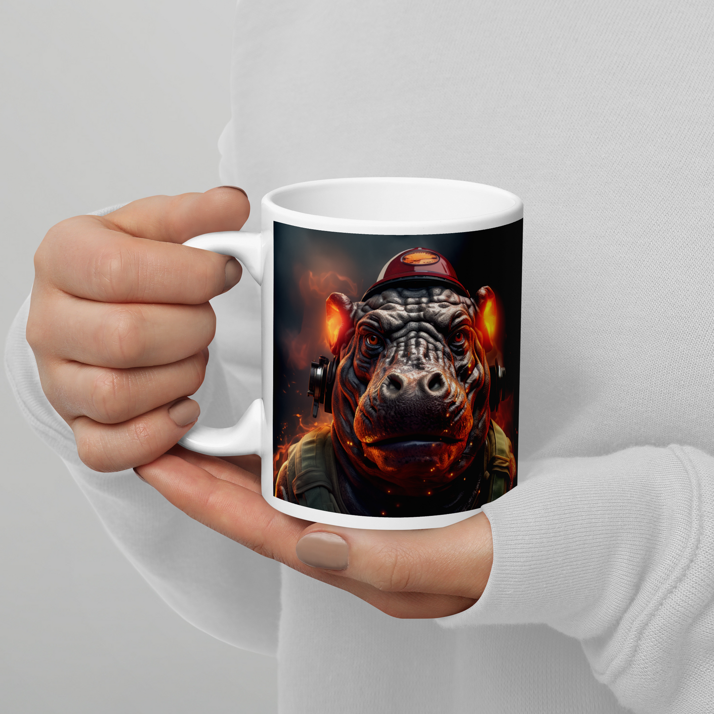 Hippo Firefighter White glossy mug