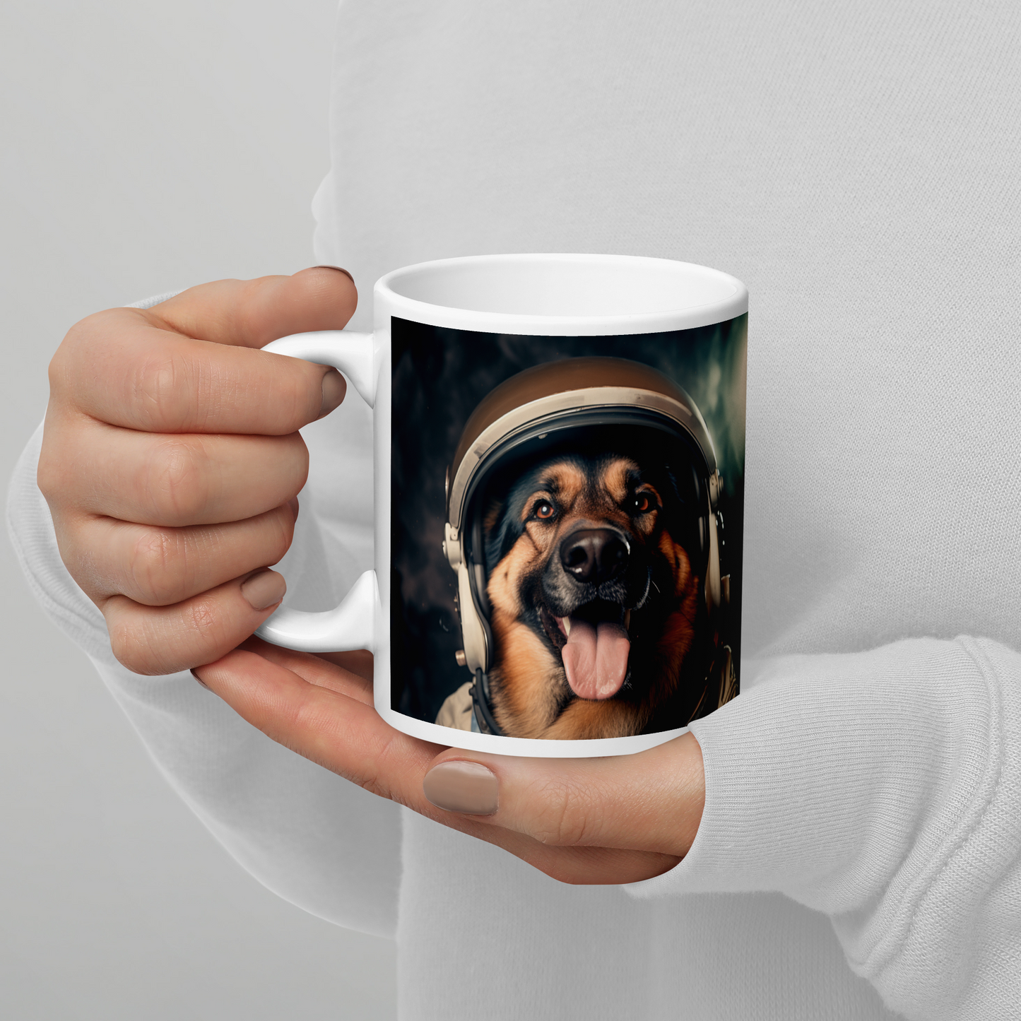 German Shepherd Astronaut White glossy mug