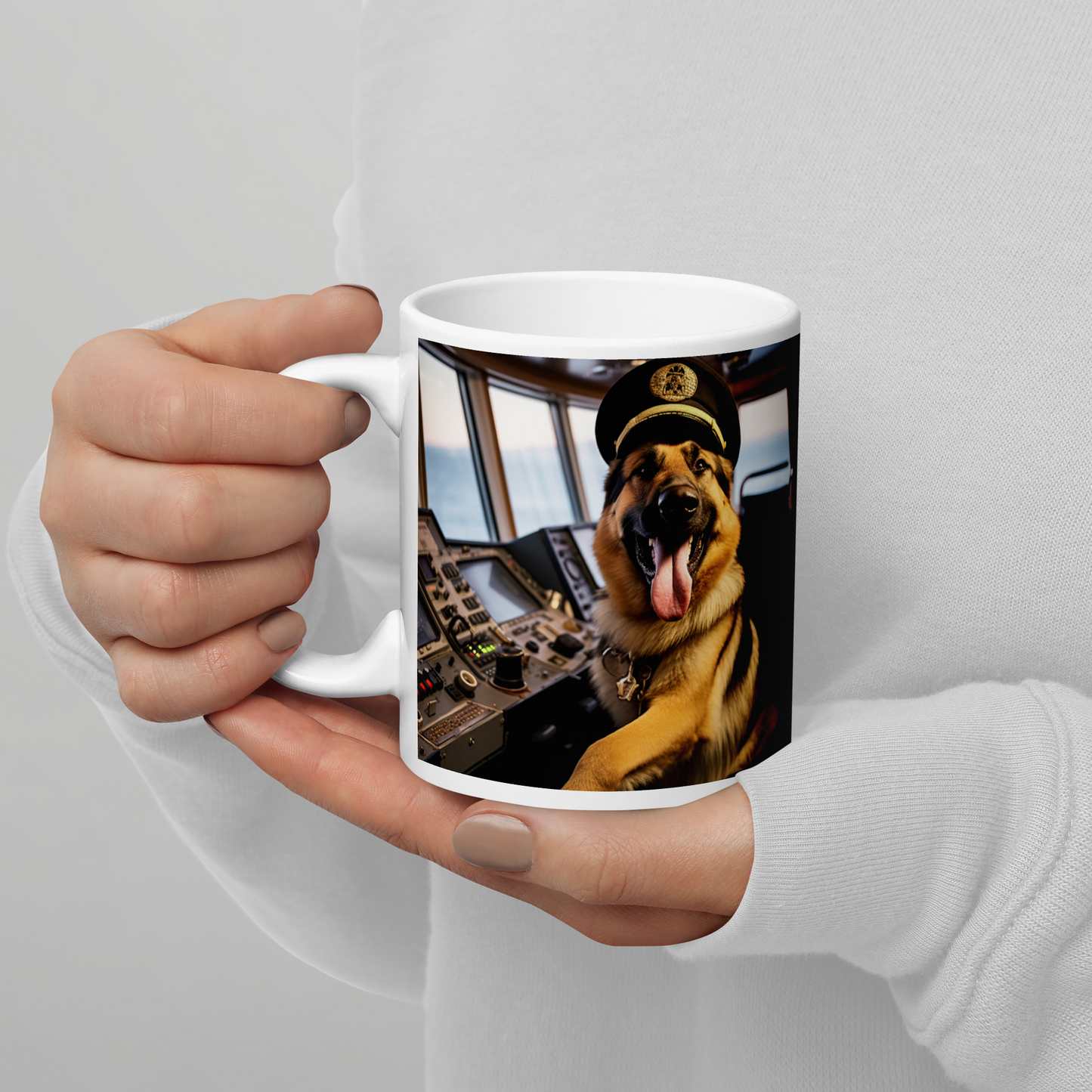 German Shepherd CruiseShipCaptain White glossy mug