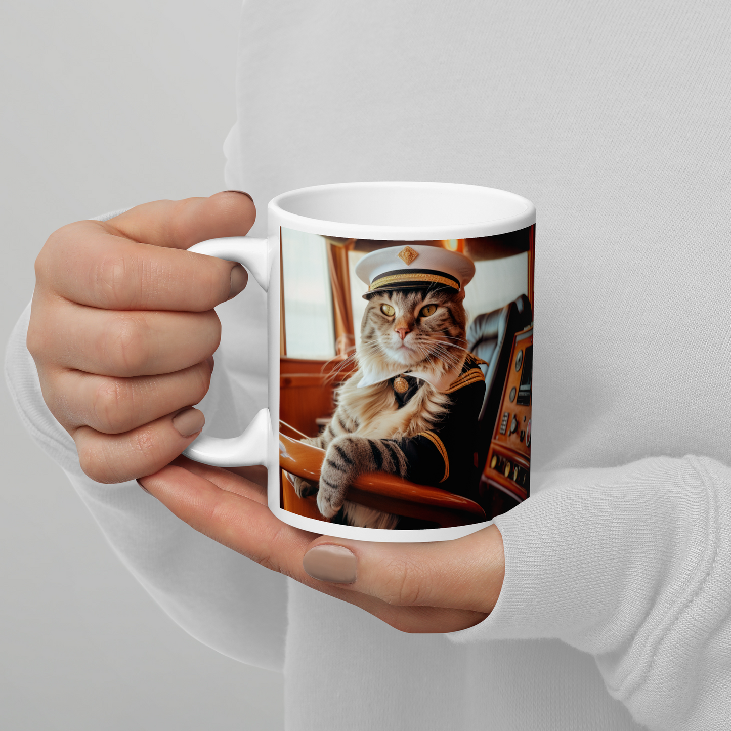 Domestic Shorthair CruiseShipCaptain White glossy mug