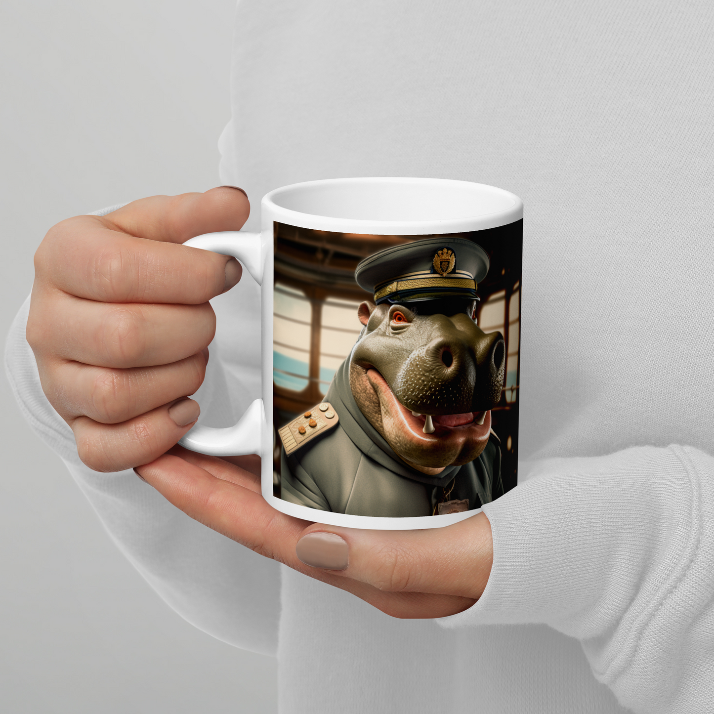 Hippo CruiseShipCaptain White glossy mug