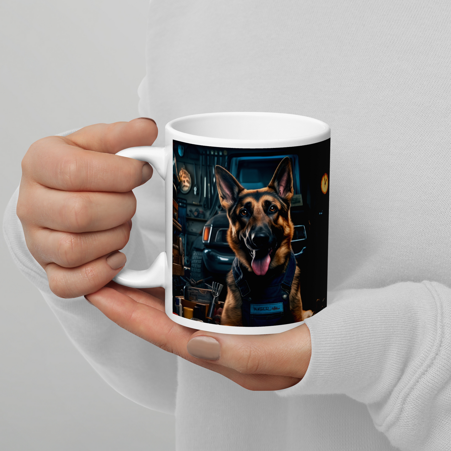 German Shepherd AutoMechanic White glossy mug