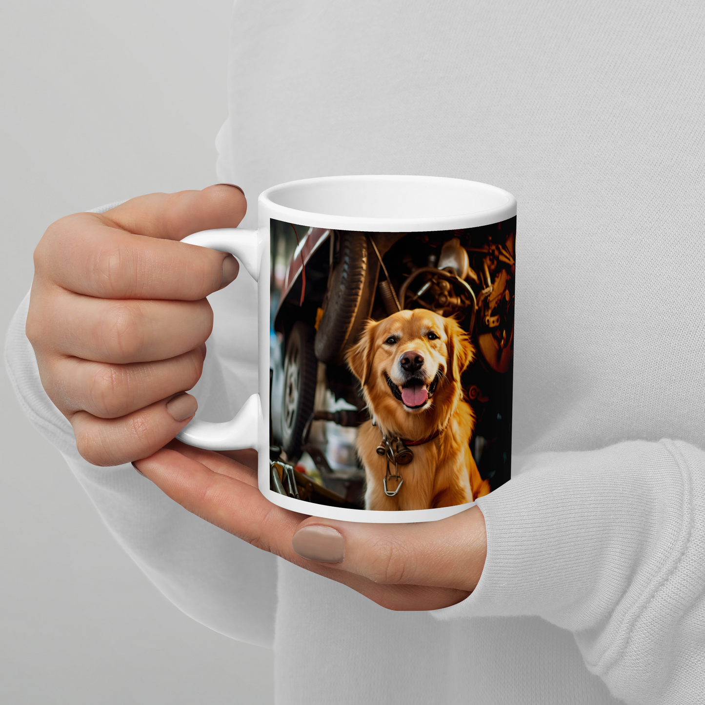 Golden Retriever AutoMechanic White glossy mug