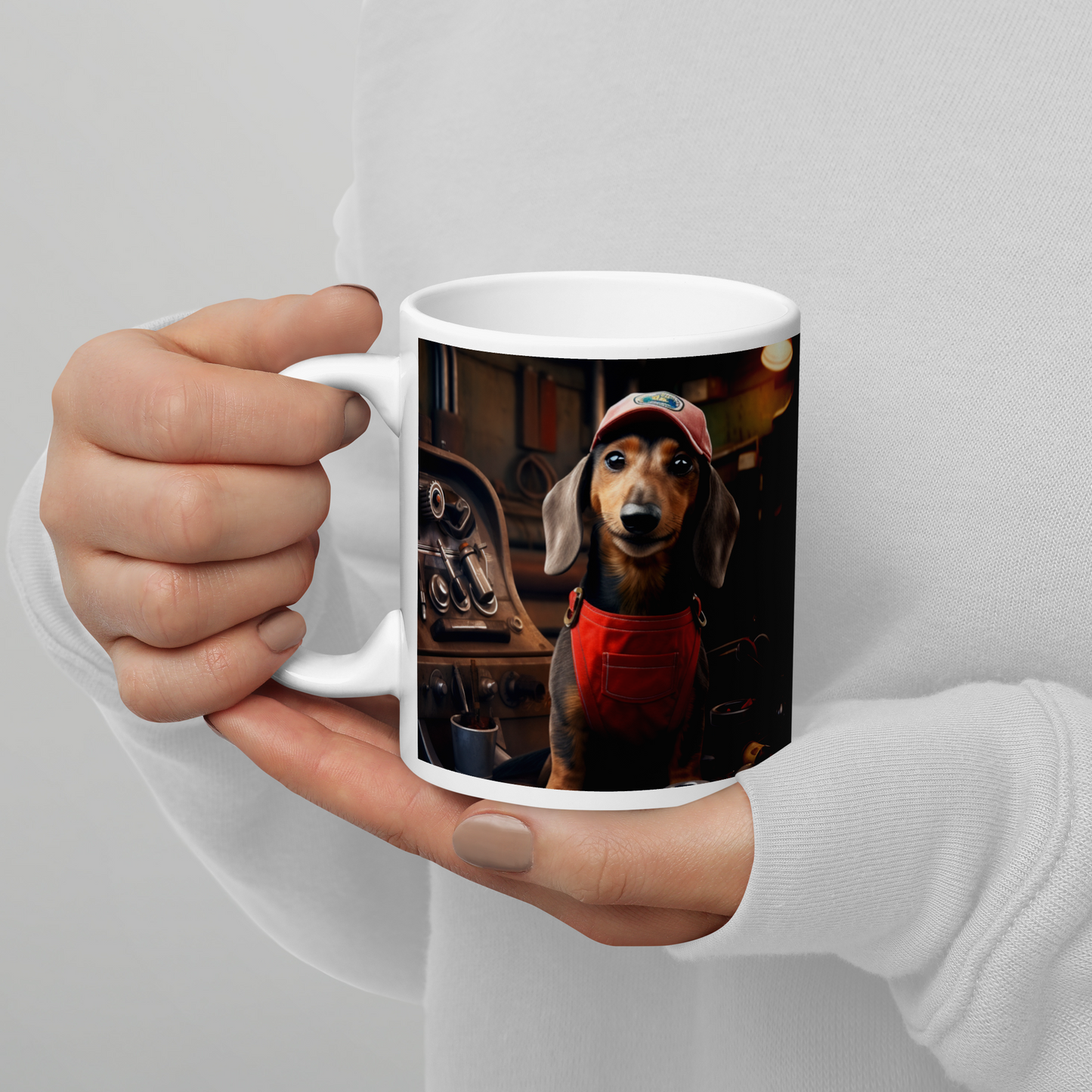 Dachshund Auto Mechanic White glossy mug