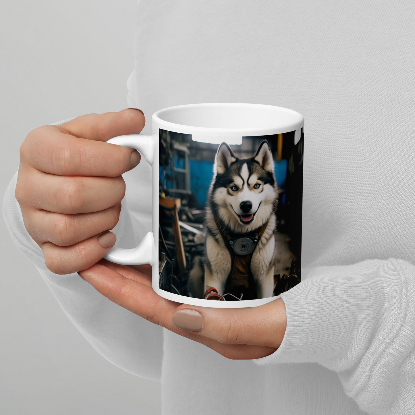 Siberian Husky AutoMechanic White glossy mug