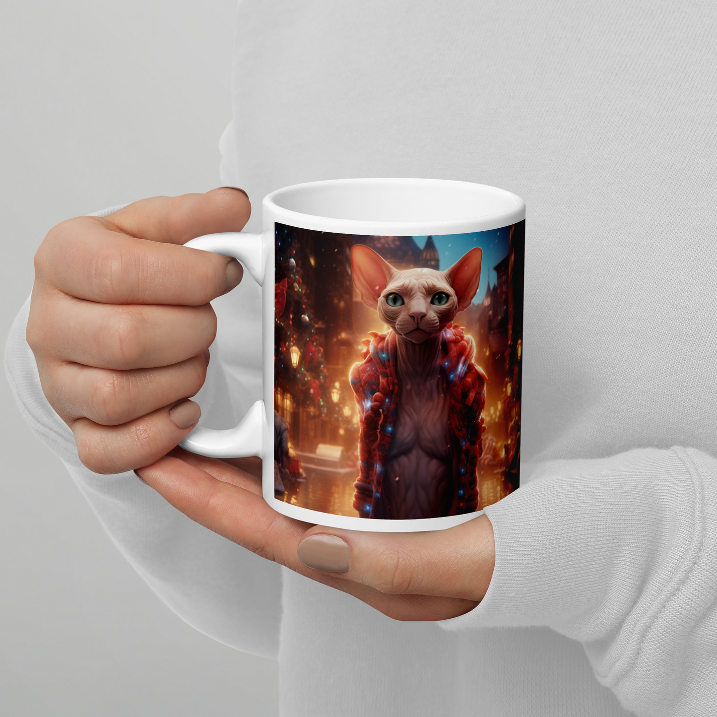 Sphynx Christmas White glossy mug