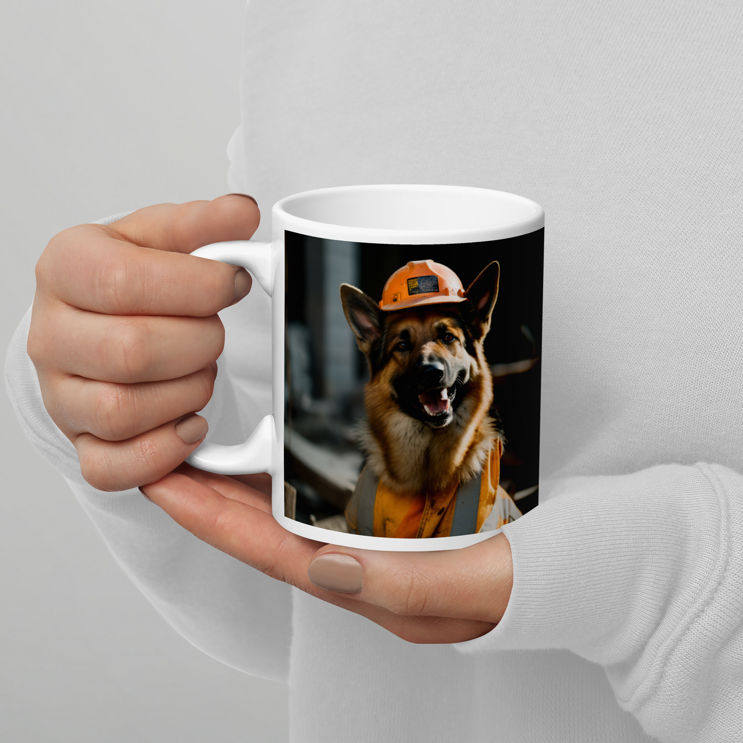 German Shepherd ConstructionWorker White glossy mug