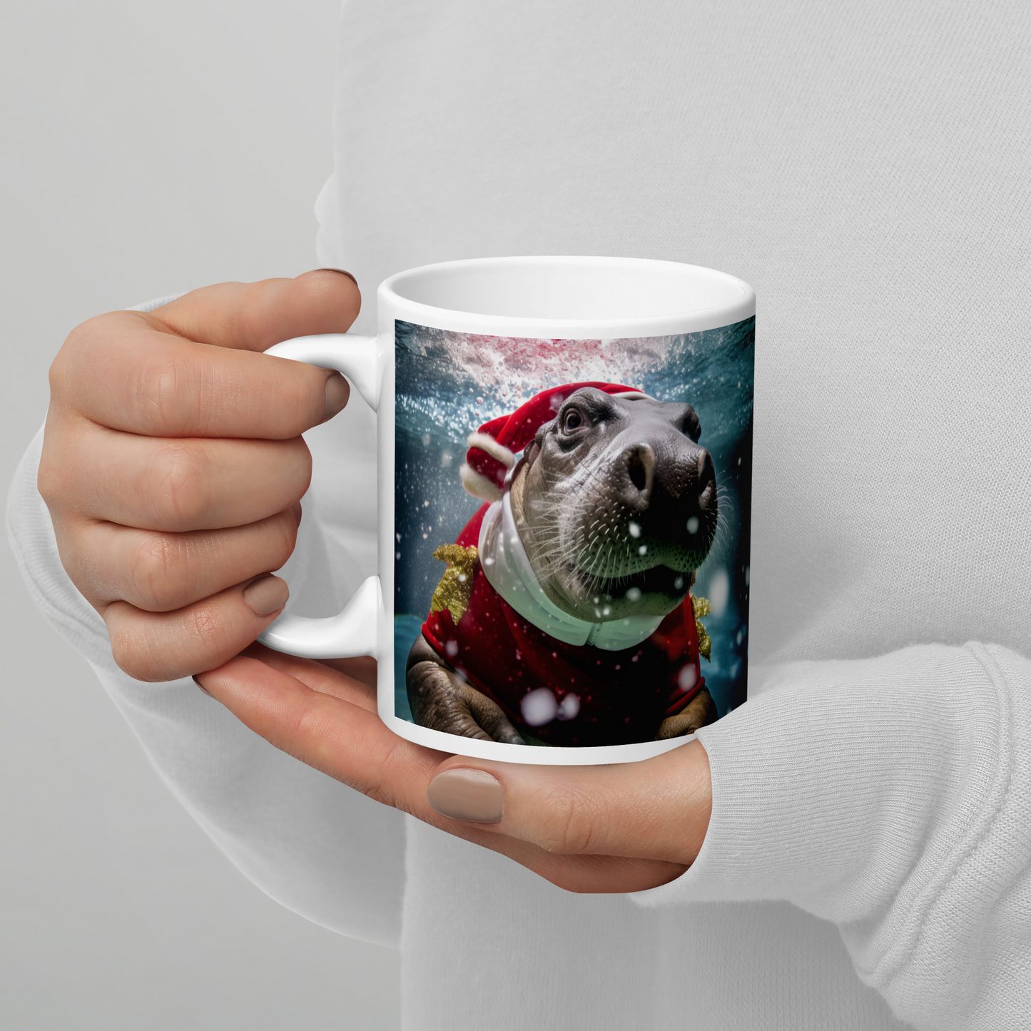 Hippo Christmas White glossy mug