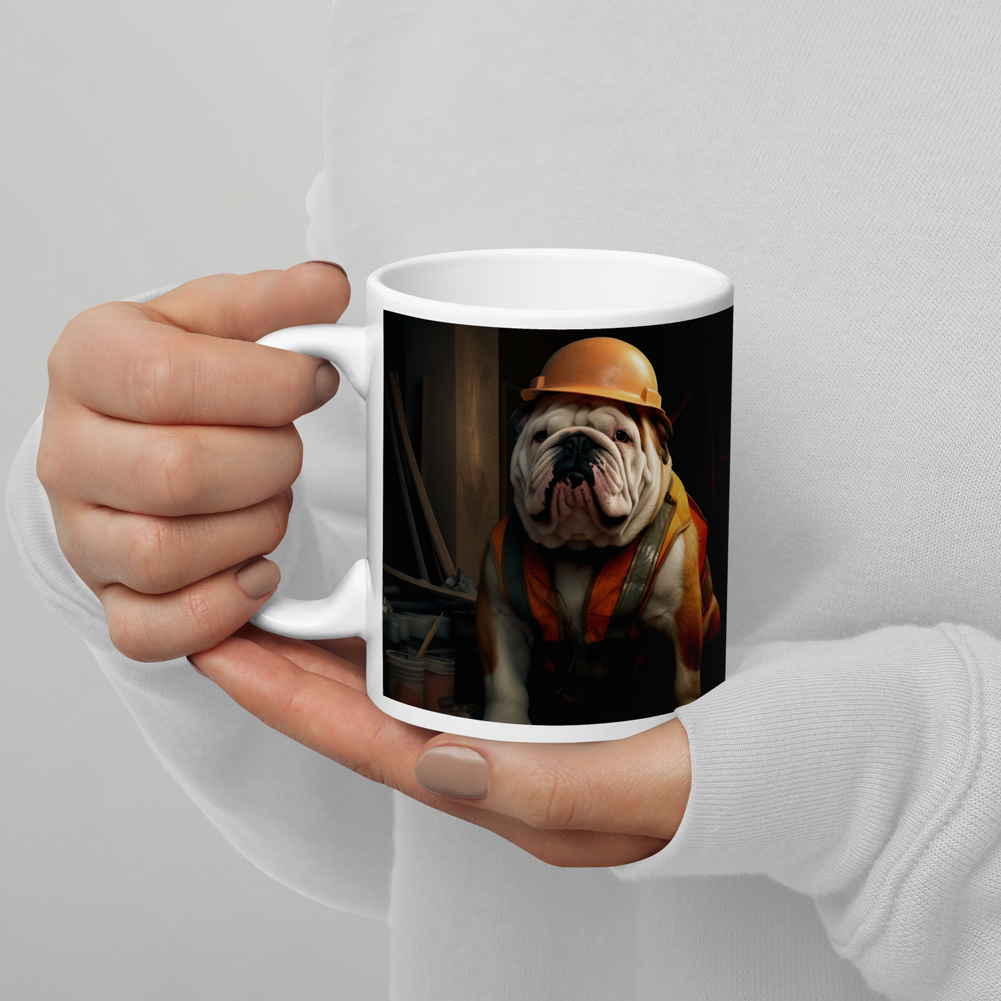 Bulldog ConstructionWorker White glossy mug