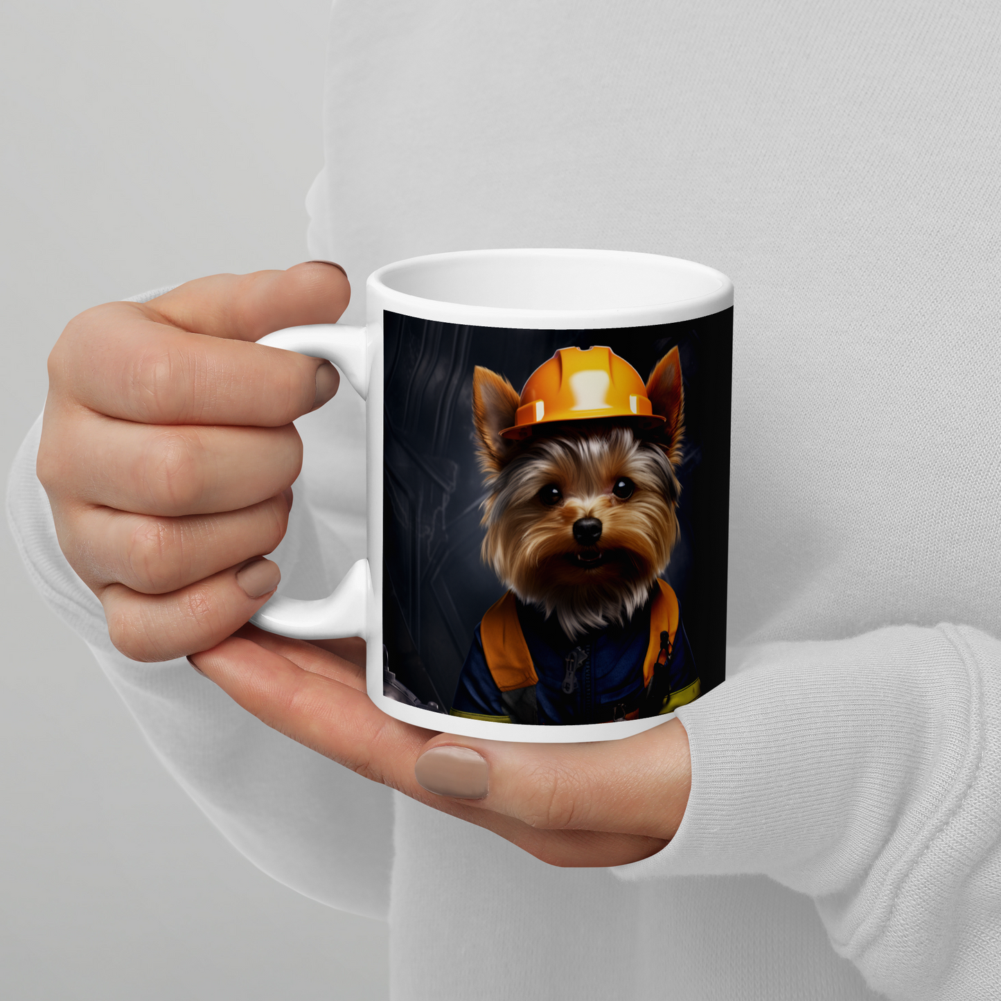 Yorkshire Terrier ConstructionWorker White glossy mug