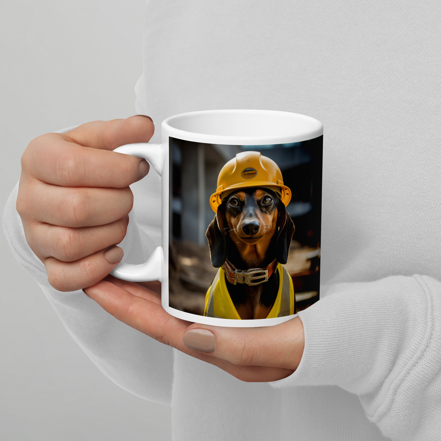 Dachshund ConstructionWorker White glossy mug