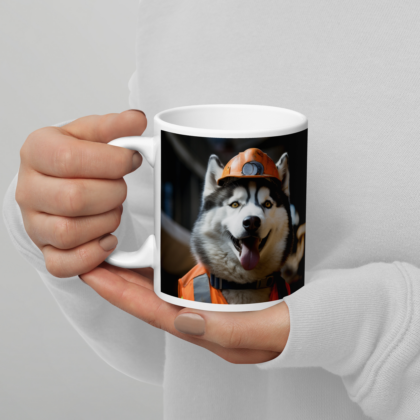 Siberian Husky ConstructionWorker White glossy mug