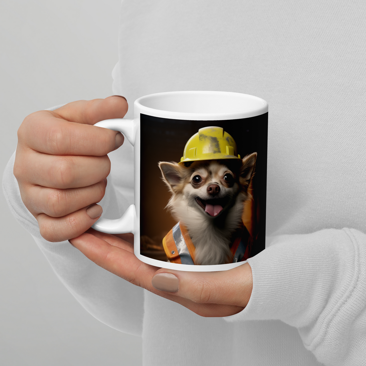 Chihuahua ConstructionWorker White glossy mug