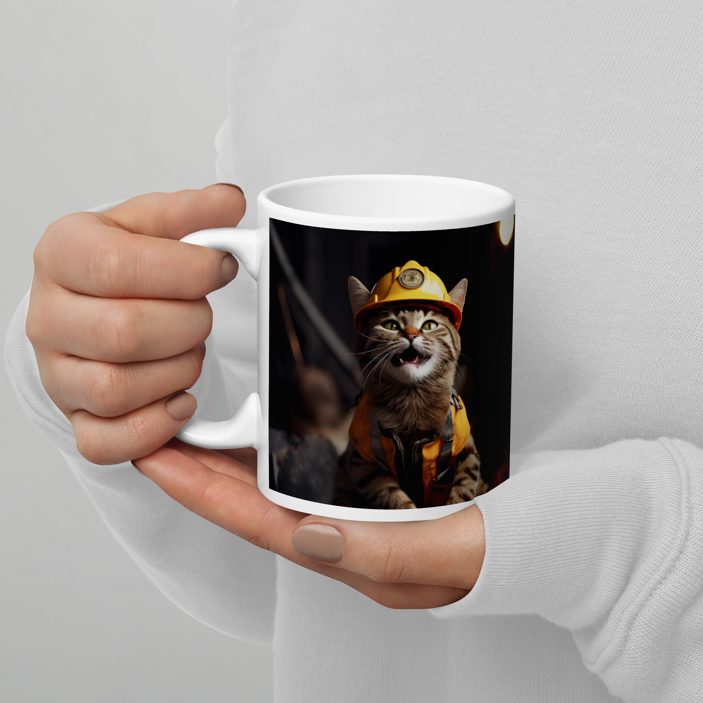 Domestic Shorthair ConstructionWorker White glossy mug